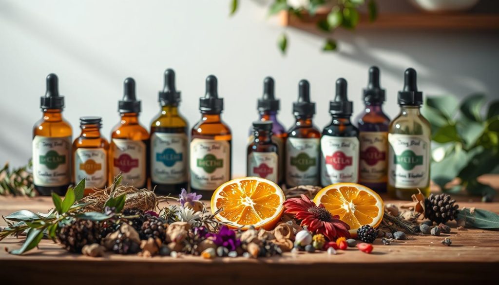 A beautifully lit still life scene of various essential oil bottles and blends arranged on a wooden tabletop. The bottles have intricate labels and droppers, showcasing a variety of colors and textures. In the foreground, a collection of dried herbs, flowers, and citrus slices create a natural, earthy composition. Soft, directional lighting casts gentle shadows, highlighting the vibrant hues and bringing a sense of warmth to the scene. The background is a clean, minimalist space with hints of greenery, allowing the essential oils to be the focal point. The overall atmosphere is calming, inviting, and representative of the benefits of using natural remedies. A beautifully lit still life scene of various essential oil bottles and blends arranged on a wooden tabletop. The bottles have intricate labels and droppers, showcasing a variety of colors and textures. In the foreground, a collection of dried herbs, flowers, and citrus slices create a natural, earthy composition. Soft, directional lighting casts gentle shadows, highlighting the vibrant hues and bringing a sense of warmth to the scene. The background is a clean, minimalist space with hints of greenery, allowing the essential oils to be the focal point. The overall atmosphere is calming, inviting, and representative of the benefits of using natural remedies.