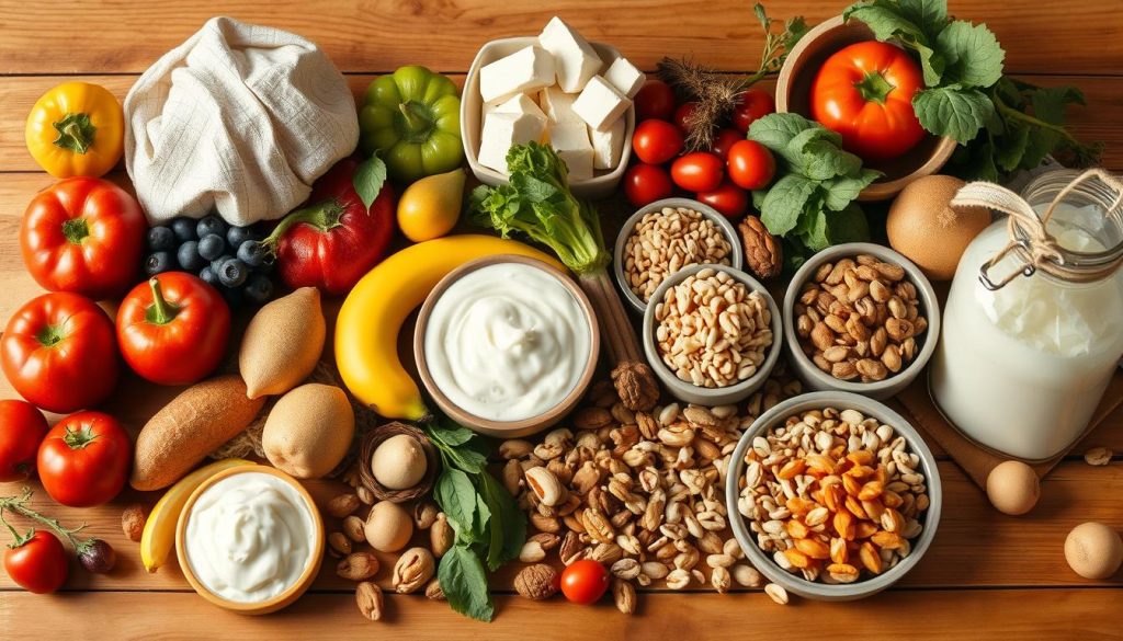 A neatly arranged still life of various gut-friendly foods - fresh fruits, vegetables, whole grains, nuts, and fermented items like yogurt and sauerkraut. The items are placed on a wooden table, with soft, warm lighting creating a cozy, inviting atmosphere. The composition is balanced, with the foods strategically positioned to showcase their ideal portion sizes. The image has a natural, earthy tone, capturing the health and vibrance of these probiotic-rich ingredients. A 35mm lens captures the scene from a slightly elevated angle, emphasizing the variety and harmony of the gut-supporting fare. A neatly arranged still life of various gut-friendly foods - fresh fruits, vegetables, whole grains, nuts, and fermented items like yogurt and sauerkraut. The items are placed on a wooden table, with soft, warm lighting creating a cozy, inviting atmosphere. The composition is balanced, with the foods strategically positioned to showcase their ideal portion sizes. The image has a natural, earthy tone, capturing the health and vibrance of these probiotic-rich ingredients. A 35mm lens captures the scene from a slightly elevated angle, emphasizing the variety and harmony of the gut-supporting fare.