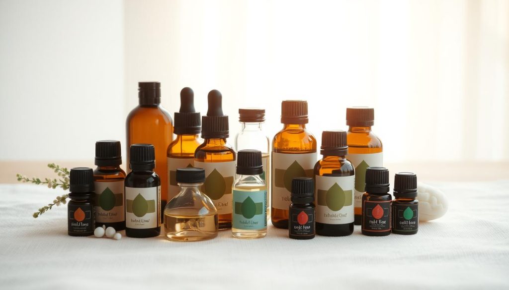 A serene arrangement of various essential oil bottles and blends, gently lit from above to cast a warm, calming glow. The bottles are displayed on a soft, textured surface, perhaps a wooden table or natural stone, creating a harmonious, spa-like atmosphere. The oils are presented in an elegant, minimalist style, showcasing their colors and labels. A soft, diffused light filters through the scene, highlighting the bottles and creating a sense of tranquility. The overall composition is balanced and visually appealing, evoking a feeling of relaxation and well-being.