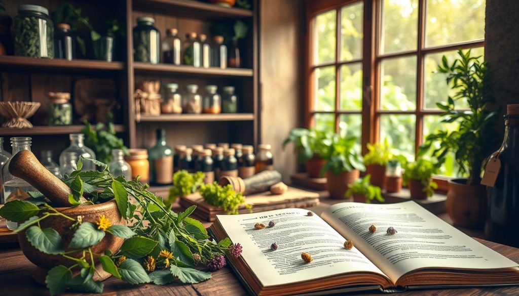A serene herbal apothecary scene with an array of natural remedies in glass jars, vials, and tinctures arranged on rustic wooden shelves. Soft, warm lighting casts a cozy glow, highlighting the vibrant colors and textures of the botanicals. In the foreground, a mortar and pestle grind fresh herbs, while delicate leaves and flowers spill gracefully across the surface. The middle ground features an open book detailing herbal medicinal properties, accompanied by carefully harvested specimens. The background showcases a window overlooking a lush, verdant garden, symbolizing the power of nature's healing bounty. A serene herbal apothecary scene with an array of natural remedies in glass jars, vials, and tinctures arranged on rustic wooden shelves. Soft, warm lighting casts a cozy glow, highlighting the vibrant colors and textures of the botanicals. In the foreground, a mortar and pestle grind fresh herbs, while delicate leaves and flowers spill gracefully across the surface. The middle ground features an open book detailing herbal medicinal properties, accompanied by carefully harvested specimens. The background showcases a window overlooking a lush, verdant garden, symbolizing the power of nature's healing bounty.