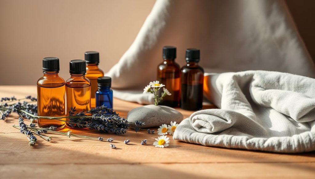 A serene still life arrangement of essential oil bottles and natural elements on a wooden table. Soft, warm lighting from the side casts gentle shadows. In the foreground, a selection of essential oil bottles in amber and cobalt blue hues, their labels obscured. Surrounding them, a scattering of dried lavender sprigs, chamomile flowers, and a small zen rock garden. In the middle ground, a plush gray linen cloth partially covers the table, its soft folds creating depth and texture. The background fades into a muted, earthy tone, allowing the essential oil display to take center stage. The overall composition conveys a sense of tranquility and relaxation, inviting the viewer to consider the soothing benefits of these natural sleep aids.
