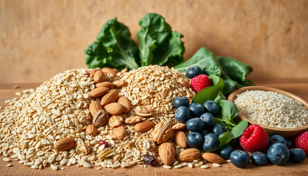A still life composition showcasing an assortment of prebiotic foods against a warm, earthy backdrop. In the foreground, a variety of whole grains, such as oats, barley, and quinoa, are arranged neatly. Interspersed between them are various nuts and seeds, including almonds, walnuts, and chia seeds. In the middle ground, leafy greens like kale and spinach are presented, along with a scattering of berries, such as blueberries and raspberries. The background features a neutral, textured surface, perhaps a wooden table or a natural fiber mat, bathed in soft, natural lighting that casts gentle shadows and highlights the rich colors and textures of the ingredients. The overall mood is one of simplicity, nourishment, and the wholesome goodness of prebiotic foods. A still life composition showcasing an assortment of prebiotic foods against a warm, earthy backdrop. In the foreground, a variety of whole grains, such as oats, barley, and quinoa, are arranged neatly. Interspersed between them are various nuts and seeds, including almonds, walnuts, and chia seeds. In the middle ground, leafy greens like kale and spinach are presented, along with a scattering of berries, such as blueberries and raspberries. The background features a neutral, textured surface, perhaps a wooden table or a natural fiber mat, bathed in soft, natural lighting that casts gentle shadows and highlights the rich colors and textures of the ingredients. The overall mood is one of simplicity, nourishment, and the wholesome goodness of prebiotic foods.