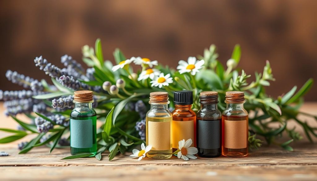 A still life scene of various essential oil blends. In the foreground, several small glass bottles filled with different colored oils are artfully arranged on a wooden table. The bottles have minimalist labels indicating the oil types. In the middle ground, lush green leaves and delicate flowers, such as lavender, chamomile, and rosemary, surround the bottles, creating a natural, organic setting. The background is softly blurred, with subtle lighting casting a warm, earthy glow over the scene. The overall atmosphere evokes a sense of tranquility, wellness, and the therapeutic power of natural remedies. A still life scene of various essential oil blends. In the foreground, several small glass bottles filled with different colored oils are artfully arranged on a wooden table. The bottles have minimalist labels indicating the oil types. In the middle ground, lush green leaves and delicate flowers, such as lavender, chamomile, and rosemary, surround the bottles, creating a natural, organic setting. The background is softly blurred, with subtle lighting casting a warm, earthy glow over the scene. The overall atmosphere evokes a sense of tranquility, wellness, and the therapeutic power of natural remedies.