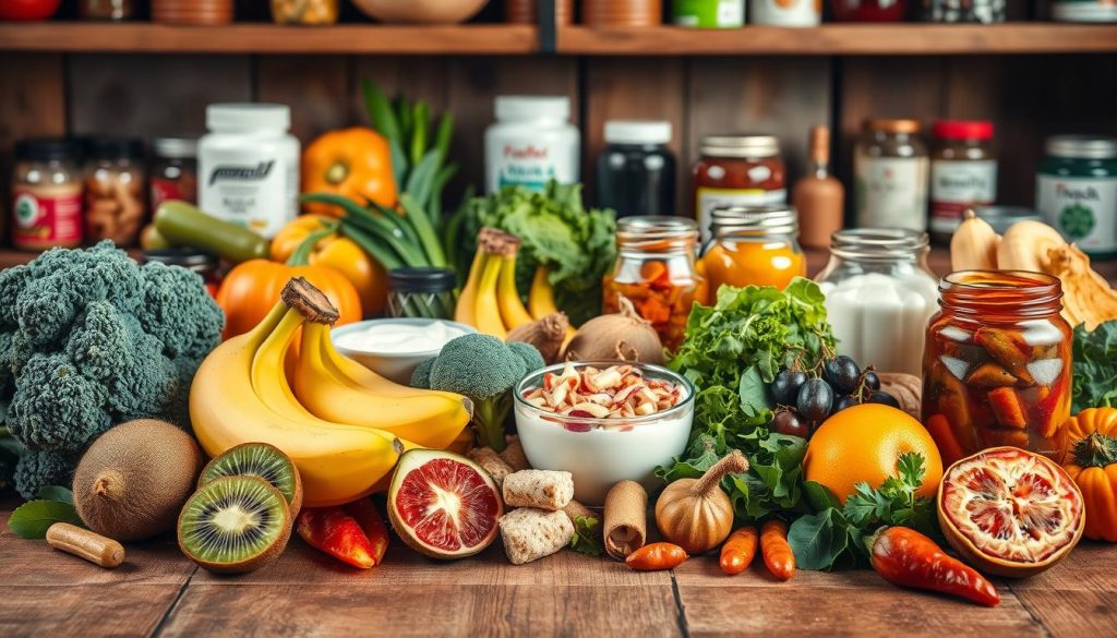 A vibrant and appetizing still life scene featuring an assortment of prebiotics and gut-friendly foods. In the foreground, a variety of fresh fruits and vegetables are arranged artfully, including bananas, kiwis, broccoli, and leafy greens. In the middle ground, a selection of fermented foods such as yogurt, sauerkraut, and kimchi are presented on a rustic wooden table, with a warm, natural lighting illuminating the scene. In the background, jars of supplements and probiotics are visible, hinting at the comprehensive approach to gut health. The overall mood is one of nourishment, vitality, and a celebration of the diverse array of foods that support a thriving microbiome. A vibrant and appetizing still life scene featuring an assortment of prebiotics and gut-friendly foods. In the foreground, a variety of fresh fruits and vegetables are arranged artfully, including bananas, kiwis, broccoli, and leafy greens. In the middle ground, a selection of fermented foods such as yogurt, sauerkraut, and kimchi are presented on a rustic wooden table, with a warm, natural lighting illuminating the scene. In the background, jars of supplements and probiotics are visible, hinting at the comprehensive approach to gut health. The overall mood is one of nourishment, vitality, and a celebration of the diverse array of foods that support a thriving microbiome.