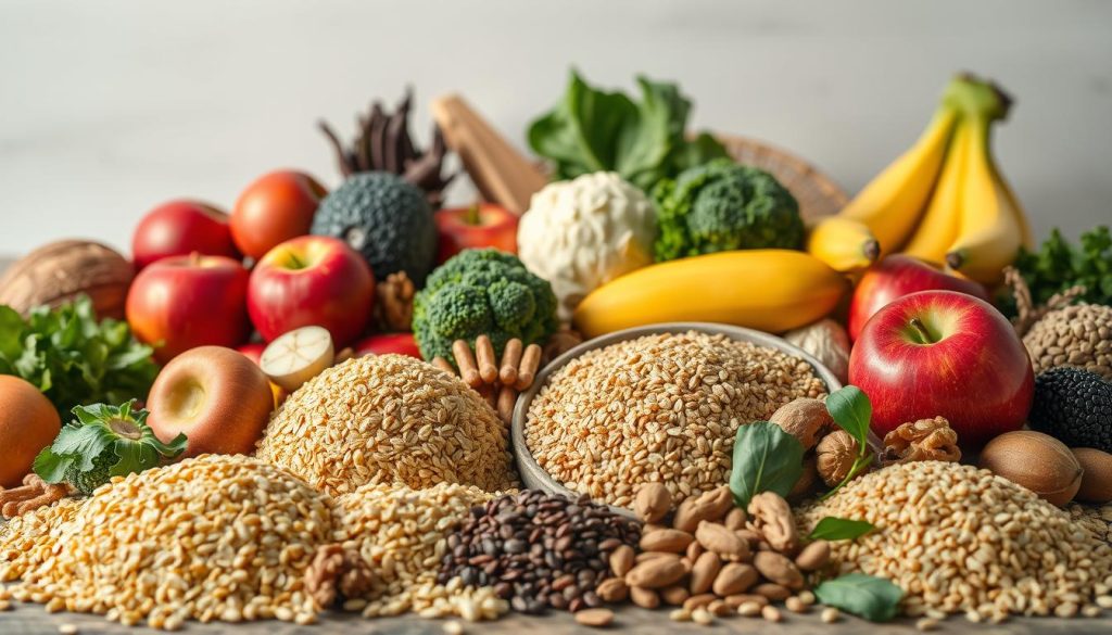 A vibrant still life arrangement showcasing an assortment of fiber-rich foods perfect for improving digestion. In the foreground, a variety of whole grains such as quinoa, oats, and brown rice are prominently displayed. Surrounding them are an array of fresh fruits and vegetables, including apples, bananas, broccoli, and leafy greens. In the middle ground, a scattering of nuts, seeds, and legumes, such as walnuts, chia seeds, and lentils, adds texture and depth. The background features a soft, natural lighting that enhances the earthy tones and creates a soothing, inviting atmosphere. The overall composition conveys the abundance and diversity of nutrient-dense, gut-friendly ingredients.