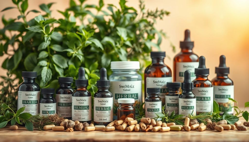 A vibrant still life capturing an assortment of high-quality herbal supplements. In the foreground, an arrangement of various herb bottles, capsules, and tinctures, each meticulously displayed against a soft, diffused light. The middle ground features lush green leaves and sprigs of fresh herbs, creating a natural, earthy backdrop. In the background, a warm, golden-hued setting evokes a sense of wellness and vitality. The overall composition conveys the purity, potency, and efficacy of these herbal remedies, inviting the viewer to explore the power of nature for optimal health. A vibrant still life capturing an assortment of high-quality herbal supplements. In the foreground, an arrangement of various herb bottles, capsules, and tinctures, each meticulously displayed against a soft, diffused light. The middle ground features lush green leaves and sprigs of fresh herbs, creating a natural, earthy backdrop. In the background, a warm, golden-hued setting evokes a sense of wellness and vitality. The overall composition conveys the purity, potency, and efficacy of these herbal remedies, inviting the viewer to explore the power of nature for optimal health.