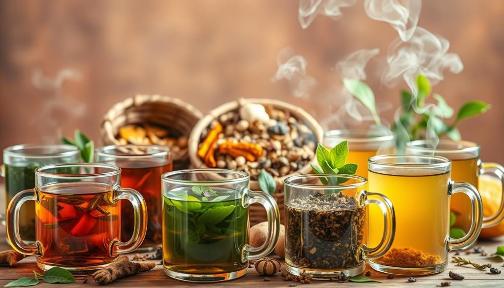 A vibrant still life showcasing an assortment of herbal detox teas for gut cleansing. In the foreground, an array of glass mugs or teacups, each filled with a different infusion of soothing herbal blends - chamomile, peppermint, ginger, turmeric, and more. Steaming wisps of fragrant steam rise from the cups, creating a cozy, inviting atmosphere. In the middle ground, a selection of loose tea leaves, dried herbs, and botanicals spill out from woven baskets or ornate jars, hinting at the natural, restorative properties of these carefully curated ingredients. The background is softly blurred, allowing the vibrant colors and textures of the teas and botanicals to take center stage. Warm, diffused lighting casts a gentle glow, emphasizing the natural, earthy tones and the overall sense of wellness and balance. The image conveys a sense of tranquility, rejuvenation, and a holistic approach to gut health through the thoughtful curation of these herbal detox teas.