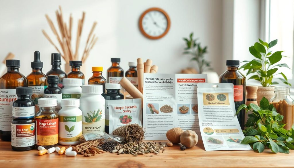 A well-lit, detailed still life scene depicting various herbal supplements, medicinal herbs, and supporting items. The foreground features an assortment of bottles, jars, and packages of different herbal extracts, vitamins, and supplements, arranged neatly on a wooden surface. In the middle ground, there are mortar and pestle sets, dried herb bundles, and informational leaflets highlighting safety considerations and potential interactions. The background showcases a clean, minimalist workspace with natural lighting filtering through a window, creating a serene, educational atmosphere. The overall composition conveys a sense of care, caution, and the importance of understanding the proper use of natural remedies. A well-lit, detailed still life scene depicting various herbal supplements, medicinal herbs, and supporting items. The foreground features an assortment of bottles, jars, and packages of different herbal extracts, vitamins, and supplements, arranged neatly on a wooden surface. In the middle ground, there are mortar and pestle sets, dried herb bundles, and informational leaflets highlighting safety considerations and potential interactions. The background showcases a clean, minimalist workspace with natural lighting filtering through a window, creating a serene, educational atmosphere. The overall composition conveys a sense of care, caution, and the importance of understanding the proper use of natural remedies.
