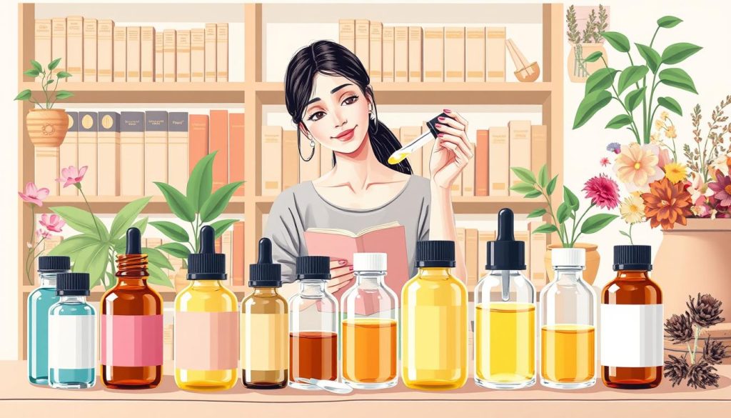 A well-lit, high-resolution illustration depicting essential oil safety precautions. In the foreground, glass bottles of various essential oils are arranged neatly, along with a dropper, a measuring spoon, and a small notebook. The middle ground shows a woman carefully diluting an essential oil with a carrier oil, her face expressing concentration. In the background, a bookshelf displays volumes on aromatherapy and herbal remedies, complemented by potted plants and natural materials like dried flowers and herbs. The overall scene conveys a sense of safety, knowledge, and attention to detail when working with essential oils. A well-lit, high-resolution illustration depicting essential oil safety precautions. In the foreground, glass bottles of various essential oils are arranged neatly, along with a dropper, a measuring spoon, and a small notebook. The middle ground shows a woman carefully diluting an essential oil with a carrier oil, her face expressing concentration. In the background, a bookshelf displays volumes on aromatherapy and herbal remedies, complemented by potted plants and natural materials like dried flowers and herbs. The overall scene conveys a sense of safety, knowledge, and attention to detail when working with essential oils.