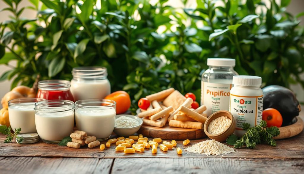 Probiotics for Digestion: A vibrant still life composition showcasing a variety of probiotic-rich foods and supplements. In the foreground, an assortment of yogurt, kefir, and fermented vegetables are arranged on a rustic wooden table, bathed in soft, warm lighting. The middle ground features a scattering of probiotic capsules and powders, highlighting their important role in supporting gut health. In the background, a lush, green plant backdrop creates a soothing, natural atmosphere, emphasizing the holistic, wellness-focused theme. The overall scene conveys a sense of balance, vitality, and the power of natural, gut-friendly ingredients to improve digestion.