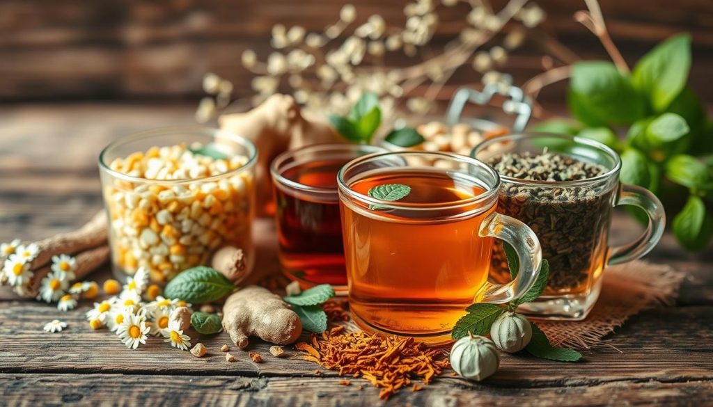 Soft focus image of a medley of colorful herbal teas, including chamomile, ginger, turmeric, peppermint, and fennel. The teas are arranged on a rustic wooden table, with a soothing, natural lighting highlighting their hues and textures. In the background, a subtle pattern of delicate leaves or herbs adds to the soothing, spa-like ambiance. The overall scene conveys a sense of tranquility and wellness, inviting the viewer to pause and indulge in the restorative properties of these gut-cleansing herbal infusions.