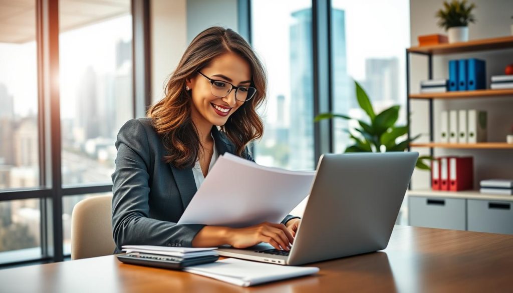 A bright, modern office setting with a professional atmosphere. In the foreground, a well-dressed businesswoman reviewing a loan application on her laptop, looking pleased and confident. On her desk, a stack of documents and a calculator indicate organized financial planning. In the middle ground, a large window reveals a bustling cityscape, suggesting opportunity and connectivity. Soft, natural light floods the room, creating a welcoming ambiance. The background features shelves adorned with financial books and a potted plant, adding a touch of warmth. The overall mood is one of positivity and empowerment, reflecting the ease of securing guaranteed instant approval loans. The lens should capture a slightly elevated angle to emphasize the woman's focused expression and the vibrant office environment.