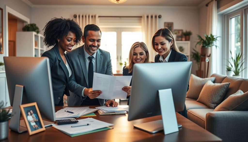 A cozy and inviting home office setting that reflects the theme of low down payment mortgage qualification. In the foreground, a diverse group of three professionals—a Black woman, a Hispanic man, and a Caucasian woman—are gathered around a computer, analyzing mortgage documents and discussing options. They are dressed in smart business attire, projecting an atmosphere of professionalism and collaboration. In the middle ground, a desk filled with financial papers, calculators, and a family photo. The background features a well-decorated living room with a comfortable sofa and potted plants, bathed in warm, natural light from a nearby window. The camera angle is slightly elevated, capturing a sense of teamwork and focus. The overall mood is optimistic and empowering, evoking a sense of achievable homeownership.