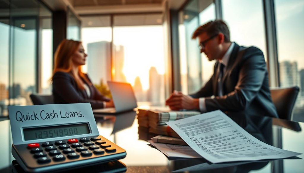 A modern financial office setting with a professional consultant in business attire discussing with a client at a sleek desk. The foreground features a close-up of paperwork labeled “Quick Cash Loans” and a calculator displaying numbers, symbolizing finance. In the middle, there are stacks of cash and a laptop open to a financial website. The background shows an elegant glass window with a cityscape view under warm, inviting lighting. The scene conveys a sense of urgency and professionalism while maintaining a reassuring atmosphere, emphasizing accessibility to quick loans without credit checks. The image is well-composed with a slight angle to enhance depth and focus on the interaction between the consultant and client. A modern financial office setting with a professional consultant in business attire discussing with a client at a sleek desk. The foreground features a close-up of paperwork labeled “Quick Cash Loans” and a calculator displaying numbers, symbolizing finance. In the middle, there are stacks of cash and a laptop open to a financial website. The background shows an elegant glass window with a cityscape view under warm, inviting lighting. The scene conveys a sense of urgency and professionalism while maintaining a reassuring atmosphere, emphasizing accessibility to quick loans without credit checks. The image is well-composed with a slight angle to enhance depth and focus on the interaction between the consultant and client.