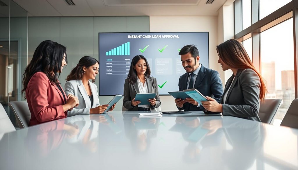 A modern office setting illustrating the instant cash loan approval process. In the foreground, a diverse group of three professionals, two women and one man, are gathered around a sleek conference table. They are dressed in smart business attire, engaged in a discussion while reviewing digital tablets displaying loan applications. The middle ground features a large screen showing charts and approval checkmarks, emphasizing the quick approval aspect. In the background, a large window lets in soft natural light, highlighting a city skyline. The atmosphere conveys a sense of urgency and professionalism, with a clean, contemporary design that evokes trust and efficiency. The angle captures the collaboration and focus, with sharp details and vibrant colors.
