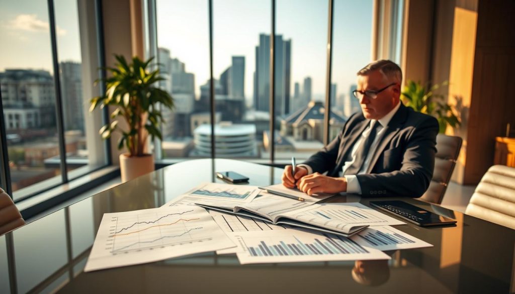 A modern office space focused on the concept of jumbo mortgage rates. In the foreground, a professional financial advisor in formal business attire, seated at a sleek desk, is analyzing documents and graphs related to high-value property loans. In the middle ground, a large window reveals a skyline view of luxurious homes, clearly indicating their high market value. On the desk, an assortment of financial charts featuring rising and falling interest rates is spread out. The background is softly blurred to emphasize the advisor, with warm, natural light filtering through the window, creating a calm yet focused atmosphere. The image conveys professionalism and expertise in mortgage finance, illustrating the complexities of jumbo loans effectively.
