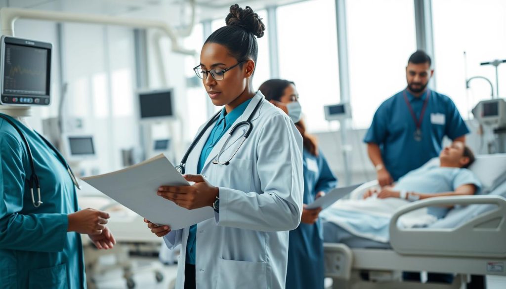 A professional emergency medical scene depicting a diverse group of medical personnel in crisp business attire collaborating in a bright, well-lit hospital environment. In the foreground, a focused doctor, a Black female wearing a lab coat and stethoscope, examines a medical chart. To her side, a male nurse of Middle-Eastern descent is discussing treatment options with a patient on a hospital bed. The middle ground shows an emergency room filled with advanced medical equipment, such as monitors and IV drips, conveying urgency and readiness. In the background, large windows allow natural light to illuminate the room, enhancing the atmosphere of hope and professionalism. The composition should have a slight high-angle perspective to capture the action, projecting a sense of engagement and care while maintaining focus on the importance of emergency medical services. A professional emergency medical scene depicting a diverse group of medical personnel in crisp business attire collaborating in a bright, well-lit hospital environment. In the foreground, a focused doctor, a Black female wearing a lab coat and stethoscope, examines a medical chart. To her side, a male nurse of Middle-Eastern descent is discussing treatment options with a patient on a hospital bed. The middle ground shows an emergency room filled with advanced medical equipment, such as monitors and IV drips, conveying urgency and readiness. In the background, large windows allow natural light to illuminate the room, enhancing the atmosphere of hope and professionalism. The composition should have a slight high-angle perspective to capture the action, projecting a sense of engagement and care while maintaining focus on the importance of emergency medical services.