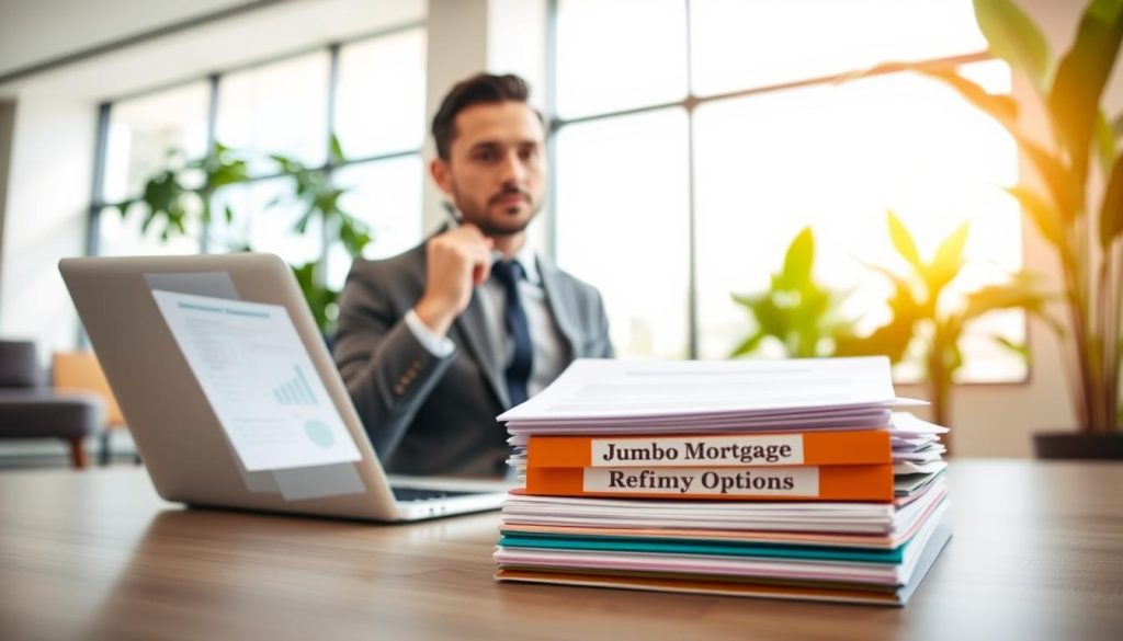 A professional financial advisor seated at a modern desk, reviewing jumbo refinance options with a laptop open and displaying home finance documents. In the foreground, a neatly arranged stack of color-coded folders labeled "Jumbo Mortgage" and "Refinance Options." In the middle ground, large windows allow natural light to pour in, illuminating a comfortable, contemporary office space with green plants in the background. The advisor, dressed in formal business attire, holds a pen and is engaged in deep thought, exuding an atmosphere of professionalism and trustworthiness. The scene captures a sense of clarity and calm, conveying the importance of informed financial decisions. The angle is slightly elevated, showcasing both the advisor’s focused expression and the organized workspace.