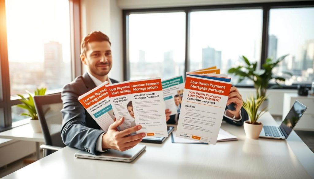 A professional financial advisor sitting at a modern desk in a well-lit office, presenting an array of colorful brochures on low down payment mortgage options. The foreground features a close-up of the advisor, dressed in a smart business suit, gesturing towards the brochures. In the middle, the desk is neatly organized with a laptop, financial documents, and a potted plant for a touch of warmth. The background showcases a large window with natural light streaming in, revealing a city skyline. The atmosphere is informative and approachable, emphasizing trust and professionalism in financial planning. Use soft, diffused lighting to create a welcoming environment, captured from a slightly angled perspective to add depth.