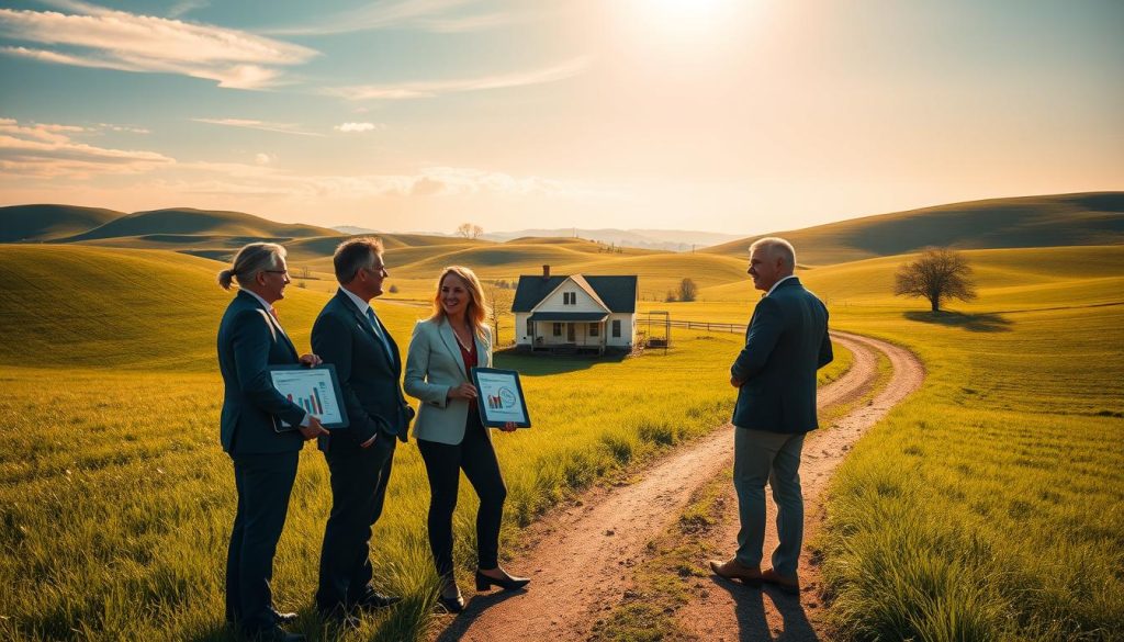A serene rural landscape showcasing a charming, modest farmhouse surrounded by lush green fields and a backdrop of gently rolling hills under a bright blue sky. In the foreground, a diverse group of three homebuyers in professional business attire are discussing their options, with a handheld tablet displaying graphs and charts related to USDA loans. The middle ground features a winding dirt road leading to the farmhouse, symbolizing accessibility and opportunity. The atmosphere is warm and inviting, with golden sunlight illuminating the scene, creating a hopeful and welcoming mood. The image should capture the essence of homeownership and community, suggesting a bright future for potential buyers in rural areas. Use a wide-angle lens to emphasize the expansive landscape. A serene rural landscape showcasing a charming, modest farmhouse surrounded by lush green fields and a backdrop of gently rolling hills under a bright blue sky. In the foreground, a diverse group of three homebuyers in professional business attire are discussing their options, with a handheld tablet displaying graphs and charts related to USDA loans. The middle ground features a winding dirt road leading to the farmhouse, symbolizing accessibility and opportunity. The atmosphere is warm and inviting, with golden sunlight illuminating the scene, creating a hopeful and welcoming mood. The image should capture the essence of homeownership and community, suggesting a bright future for potential buyers in rural areas. Use a wide-angle lens to emphasize the expansive landscape.