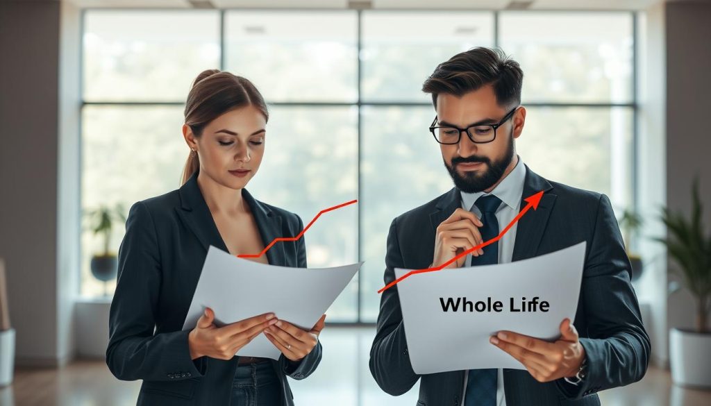 A split-screen image illustrating the comparison between term life insurance and whole life insurance. In the foreground, a professional businesswoman and a businessman, both dressed in formal attire, thoughtfully examining documents that represent both types of insurance. The middle section features two distinct graphs: one showing the cost-effectiveness of term life insurance with a downward trajectory and the other illustrating the growth potential of whole life insurance with an upward curve. In the background, a serene and modern office setting with large windows allowing natural light to filter in, creating a warm and inviting atmosphere. The lighting is soft, enhancing the professionalism of the scene, and the perspective is slightly angled to capture both the individuals and the comparison effectively. A split-screen image illustrating the comparison between term life insurance and whole life insurance. In the foreground, a professional businesswoman and a businessman, both dressed in formal attire, thoughtfully examining documents that represent both types of insurance. The middle section features two distinct graphs: one showing the cost-effectiveness of term life insurance with a downward trajectory and the other illustrating the growth potential of whole life insurance with an upward curve. In the background, a serene and modern office setting with large windows allowing natural light to filter in, creating a warm and inviting atmosphere. The lighting is soft, enhancing the professionalism of the scene, and the perspective is slightly angled to capture both the individuals and the comparison effectively.