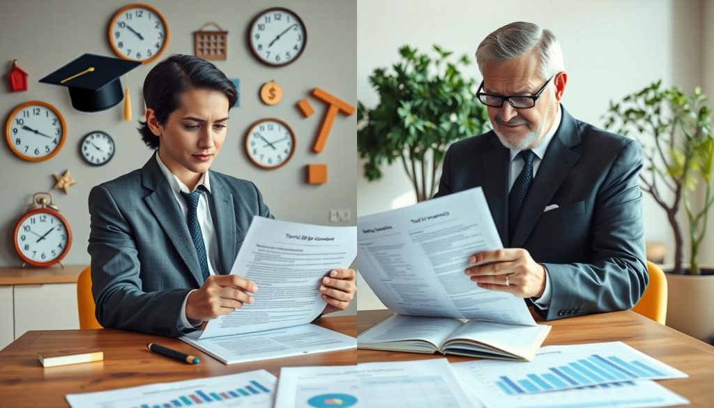A split-screen image illustrating the differences between term life insurance coverage and whole life policies. On the left, depict a young professional in business attire analyzing a simplified term life insurance contract, surrounded by visuals representing short-term protection like clocks and a graduation cap. On the right, show a middle-aged person in a formal suit reviewing a whole life insurance policy, with symbols of long-term benefits like a tree or a family home in the background. The foreground should include a table with key charts and figures lightly blurred to maintain focus on the individuals. Use warm, natural lighting to convey a sense of trust and security, while keeping an optimistic and informative atmosphere as the overall mood. Capture the image at a slight angle to add depth and engagement. A split-screen image illustrating the differences between term life insurance coverage and whole life policies. On the left, depict a young professional in business attire analyzing a simplified term life insurance contract, surrounded by visuals representing short-term protection like clocks and a graduation cap. On the right, show a middle-aged person in a formal suit reviewing a whole life insurance policy, with symbols of long-term benefits like a tree or a family home in the background. The foreground should include a table with key charts and figures lightly blurred to maintain focus on the individuals. Use warm, natural lighting to convey a sense of trust and security, while keeping an optimistic and informative atmosphere as the overall mood. Capture the image at a slight angle to add depth and engagement.