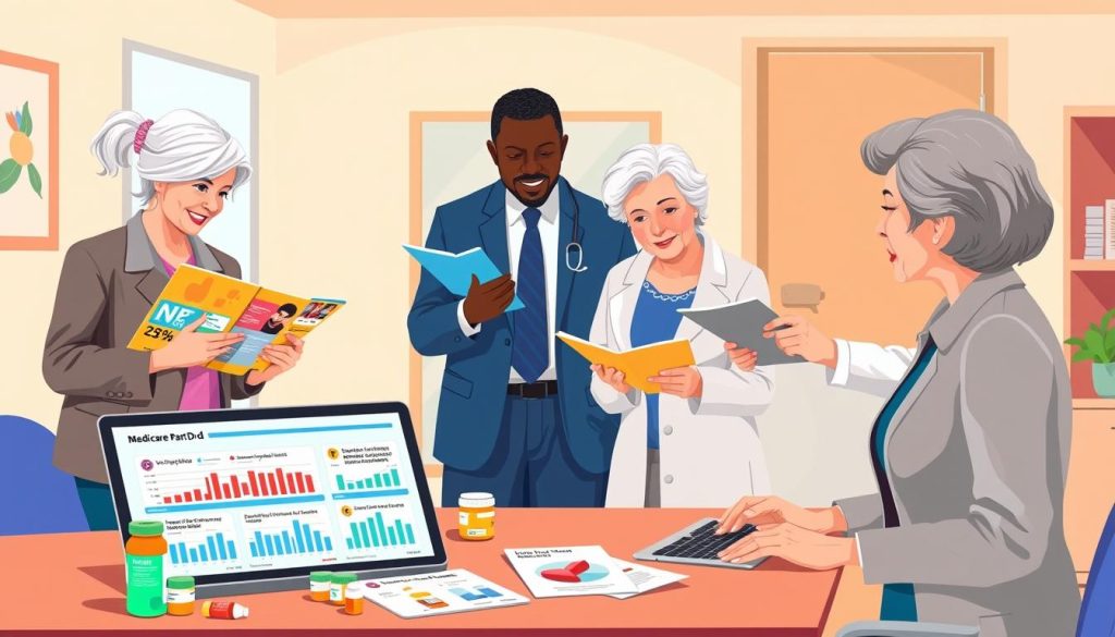 A visually engaging illustration focused on "Medicare Part D Plans." In the foreground, depict a diverse group of seniors, including a Hispanic woman, a Black man, and a Caucasian woman, all dressed in professional business attire, examining colorful brochures and medication bottles related to Medicare Part D. In the middle section, include a large, well-organized table with charts detailing prescription costs, alongside a laptop displaying informative graphs on healthcare savings. The background should feature a warm, welcoming doctor's office, with soft lighting that creates a sense of comfort and trust. The overall atmosphere should convey a feeling of empowerment and understanding, emphasizing the importance of managing healthcare costs for seniors.