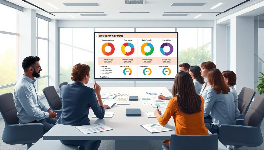 A visually engaging infographic-style illustration comparing various emergency medical coverage plans. In the foreground, depict a diverse group of professionals in modest business attire, discussing the plans at a sleek, modern conference table filled with documents, charts, and visuals highlighting different coverage types. The middle ground features a large digital display screen showing colorful pie charts and key features of each plan, such as "Comprehensive Coverage", "Emergency Transport", and "Deductibles". In the background, create a bright and inviting office environment with large windows allowing natural light to stream in, giving a sense of optimism and preparedness. The overall mood should be professional, informative, and reassuring, focusing on the importance of being prepared for medical emergencies. Use a wide-angle lens to capture the entire scene in vibrant colors. A visually engaging infographic-style illustration comparing various emergency medical coverage plans. In the foreground, depict a diverse group of professionals in modest business attire, discussing the plans at a sleek, modern conference table filled with documents, charts, and visuals highlighting different coverage types. The middle ground features a large digital display screen showing colorful pie charts and key features of each plan, such as "Comprehensive Coverage", "Emergency Transport", and "Deductibles". In the background, create a bright and inviting office environment with large windows allowing natural light to stream in, giving a sense of optimism and preparedness. The overall mood should be professional, informative, and reassuring, focusing on the importance of being prepared for medical emergencies. Use a wide-angle lens to capture the entire scene in vibrant colors.