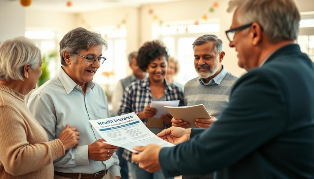 A warm, inviting scene depicting a diverse group of senior citizens engaged in a community workshop focused on health insurance benefits. In the foreground, a friendly elderly couple—one man of Hispanic descent and a woman of Caucasian descent—are consulting with a financial advisor in professional attire, pointing at a brochure detailing financial assistance programs. In the middle ground, a small group of seniors, including an African American woman and a South Asian man, are attentively listening and taking notes. The background features a well-lit community center with cheerful decorations, large windows letting in soft natural light. The overall mood is positive and supportive, showcasing collaboration and empowerment among seniors regarding their health insurance options. The image should have a slightly shallow depth of field to emphasize the interaction.