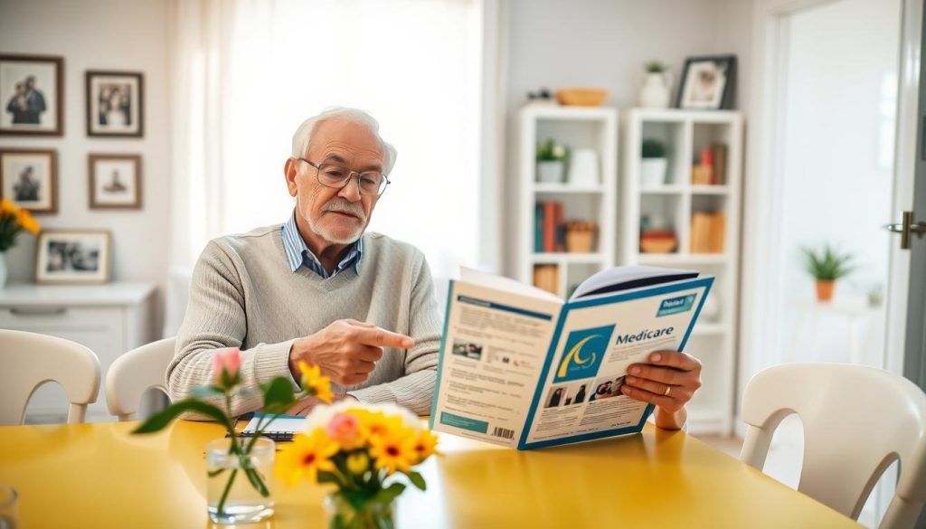 A warm, inviting scene showcasing a senior citizen couple sitting at a cozy kitchen table, discussing their health insurance options. The elderly man, wearing a smart casual shirt, gestures toward a well-organized folder with Medicare brochures, while the woman, in a light sweater, listens attentively. The foreground features a bright, cheerful table setting with a vase of flowers. In the middle, an open window reveals soft morning light streaming in, highlighting their faces and creating a sense of hope and comfort. In the background, a softly blurred living room depicts family photos and a bookshelf, reinforcing a sense of home and security. The mood conveys trust and contentment, suitable for understanding Medicare basics.