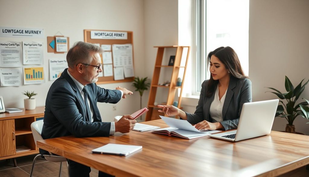 A well-lit office environment depicting a professional mortgage consultant assisting a diverse couple during the low down payment mortgage application process. In the foreground, the couple sits at a contemporary wooden desk, reviewing documents with focused expressions. The consultant, dressed in business attire, points to a laptop displaying mortgage options. The middle ground features a bulletin board with relevant mortgage tips and charts. In the background, a soft natural light streams through large windows, illuminating the room and creating a warm, inviting atmosphere. The overall mood is supportive and informative, highlighting collaboration and guidance in navigating financial decisions. The composition should capture the essence of professionalism and approachability while emphasizing the mortgage journey.